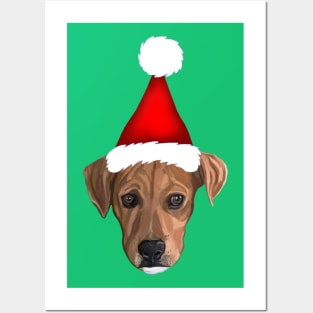 Brown Pitbull Santa Christmas Pup Posters and Art